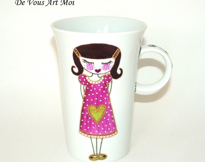 Grand mug porcelaine,tasse fait main,peint main,mug haut artisanal,mug fait main,fillette décorée main,mug femme,mug illustration fille