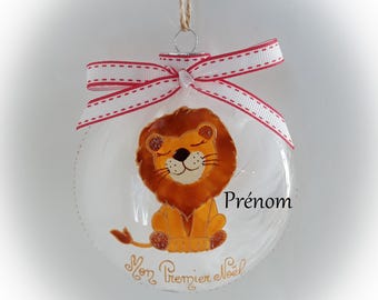 Boule de noël lion naissance mon premier noël verre peint main personnalisée dessin illustration artisanale