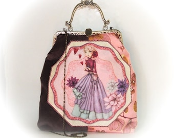 Velvet bag with metal frame clasp, large coin purse, shoulder bag, handmade