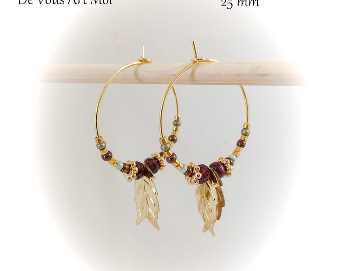 Handmade gold-plated garnet and feather hoop earrings, 25mm