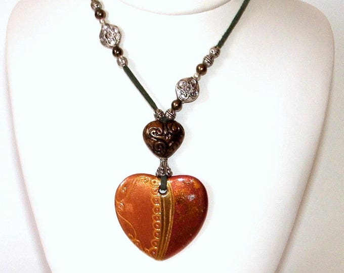 Collier pendentif Coeur,collier sautoir femme,bronze et cuivré,bijou fait main,collier artisanal,peint main,en porcelaine,collier ajustable