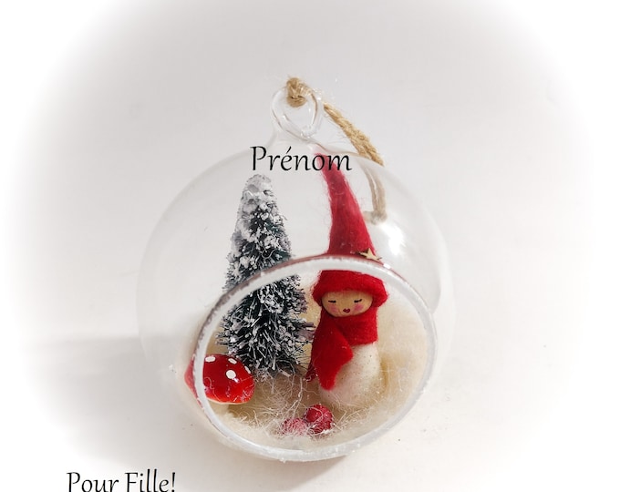 Boule de noël personnalisée prénom fille verre fait main boule noël ouverte lutine fée à poser ou à suspendre artisanale