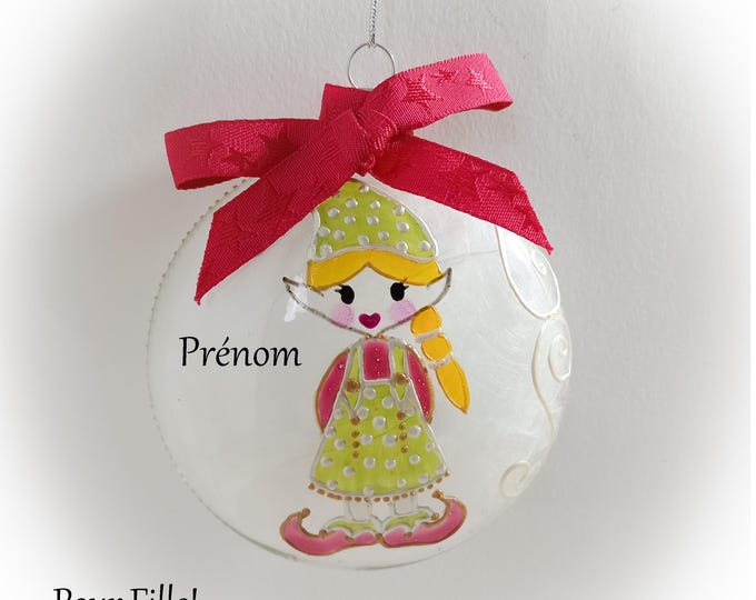 Boule de Noël prénom personnalisée lutin efle fille ornement noël verre peint main