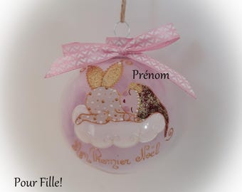 Boule de noël premier noël bébé fille naissance personnalisé mon premier noël fée ange lutine verre illustration peinte main artisanale