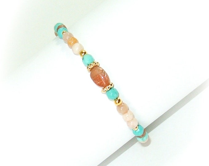 Bracelet pierre turquoise pierre de Soleil plaqué or 24K artisanal