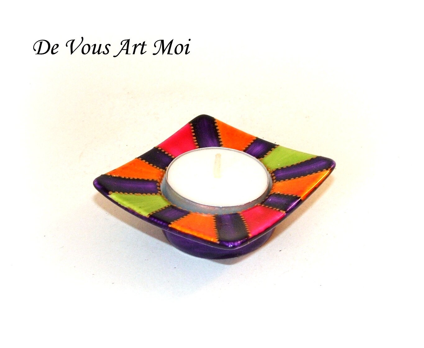 Bougeoir Bohème Coloré, Petit Porte Bougie, Chauffe Plat, Violet Multicolore, en Porcelaine, Décoré 