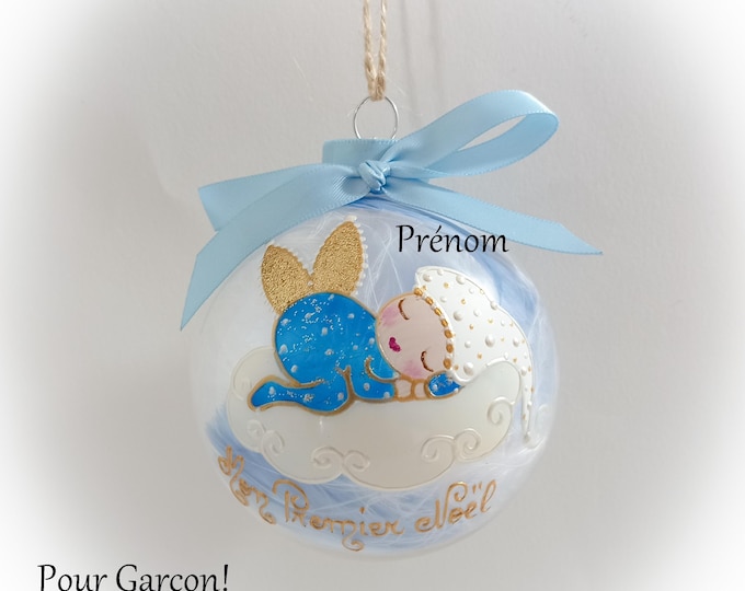 Boule de noël premier noël naissance garçon prénom personnalisé bébé lutin ange de noël peint main