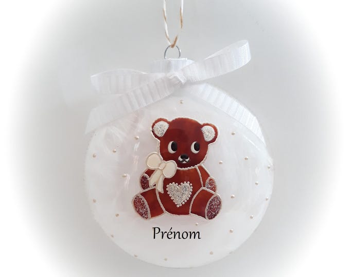 Boule de Noël personnalisé illustration ourson brun verre peint main artisanal
