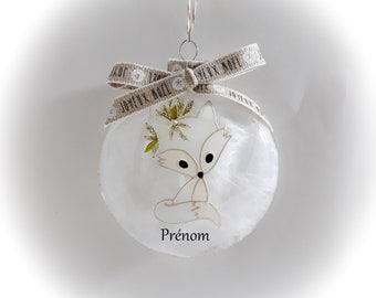 Boule de noël personnalisée illustration renard blanc Noël verre fait main artisanale