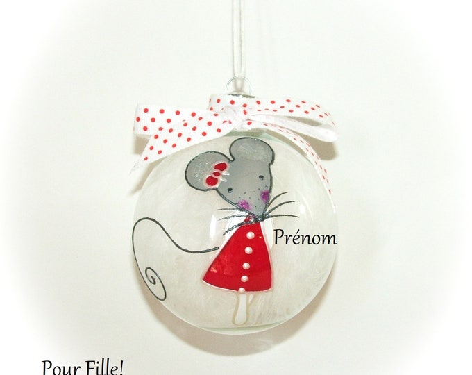 Boule de noël personnalisée originale illustration souris avec prénom fait main artisanale