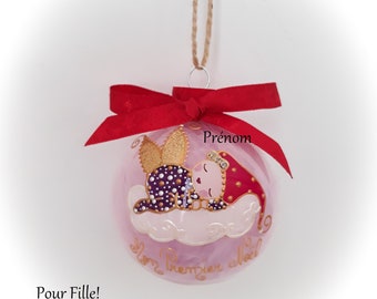 Boule de noël personnalisé mon premier noël fée ange lutine verre illustration peinte main artisanale