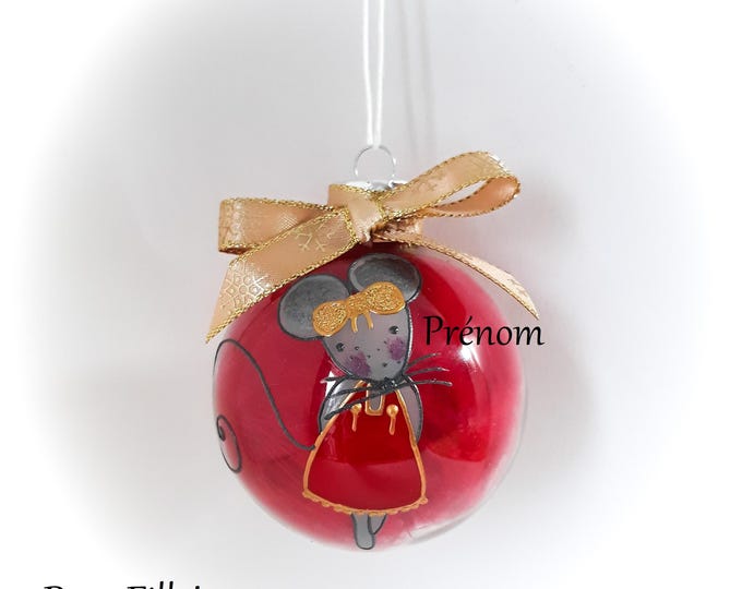 Boule de noël personnalisée prénom fille illustration dessin souris verre artisanale