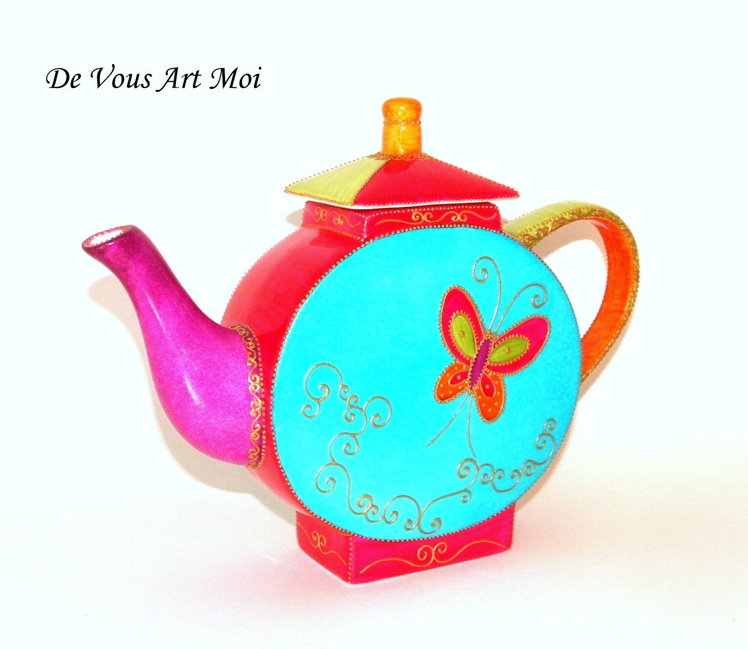 Théière Porcelaine Colorée, Théière Bohème Originale Papillon, Porcelaine Peinte Main