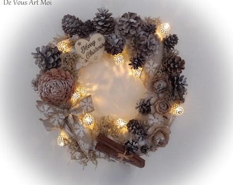 Couronne de Noël lumineuse végétale décoration porte noël naturelle fait main artisanale