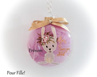 Boule de noël personnalisée naissance fille mon premier noël verre peint main dessin lapin Noël fille fait main artisanale