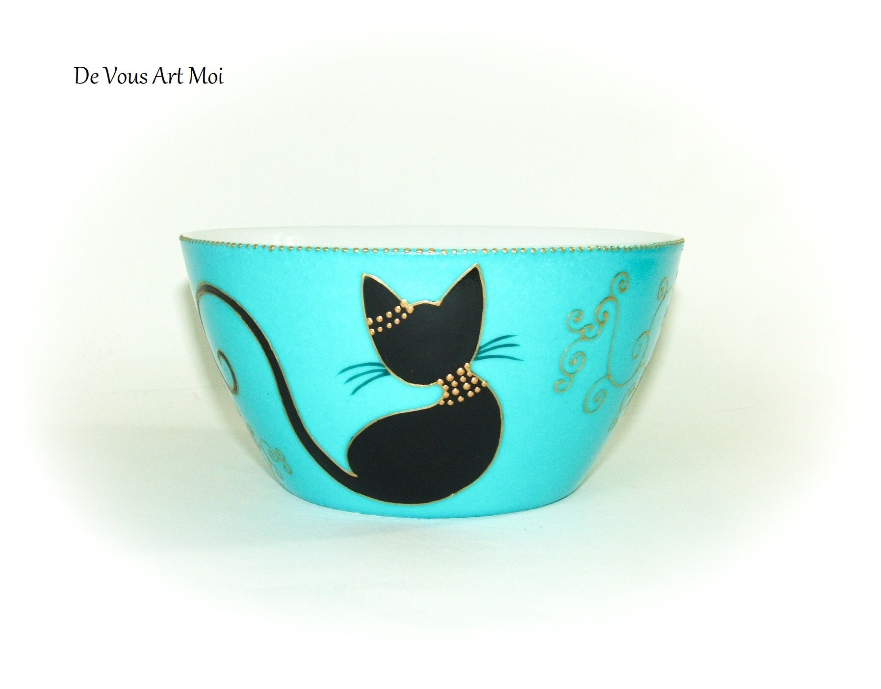 Bol Porcelaine Chat Noir, Bol Décoré Main, Cadeau Thème Chat, Grand Bol Déjeuner Artisanal