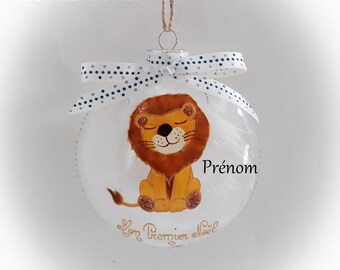 Boule de noël lion naissance mon premier noël verre peint main personnalisée dessin illustration artisanale
