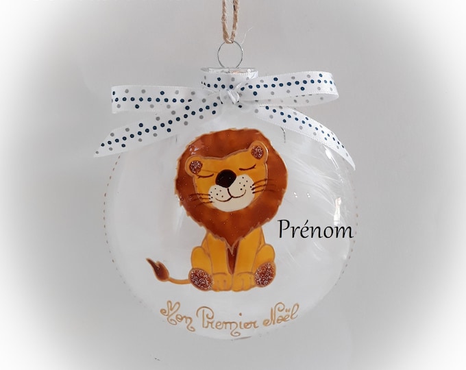 Boule de noël lion naissance mon premier noël verre peint main personnalisée dessin illustration artisanale