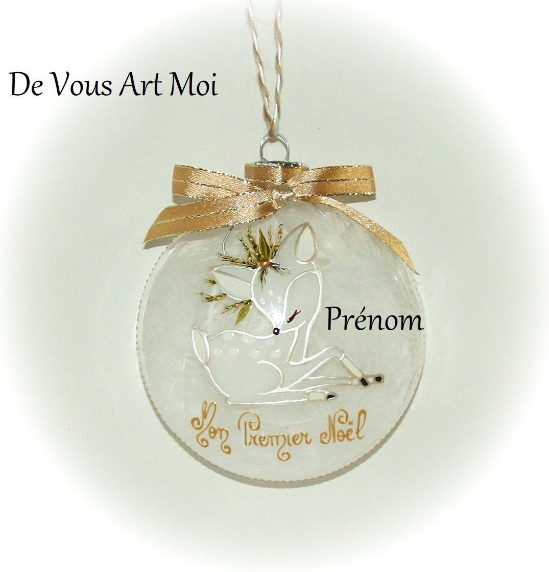 Boule premier Noël personnalisée,boule enfant biche faon noël,fait main