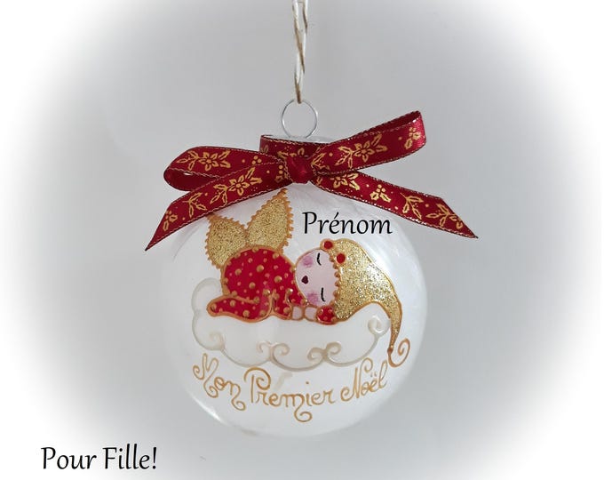 Boule mon premier noël bébé personnalisée fée ange lutine verre illustration peinte main artisanale