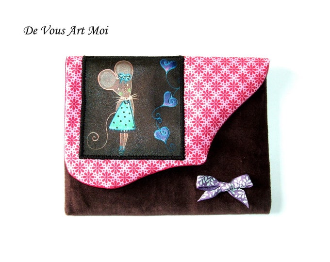 Pochette femme créateur velours,pochette velours tissus,artisanale,fait main,petite souris,pochette sac à main