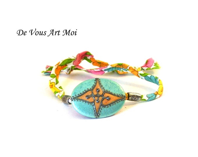 Bracelet Femme bohème,fait main,bracelet liberty,bracelet tissus ajustable,bracelet femme artisanal,bijou peint main,bracelet porcelaine