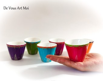Colorful ceramic and porcelain mugs, tea glasses, handmade, artisanal