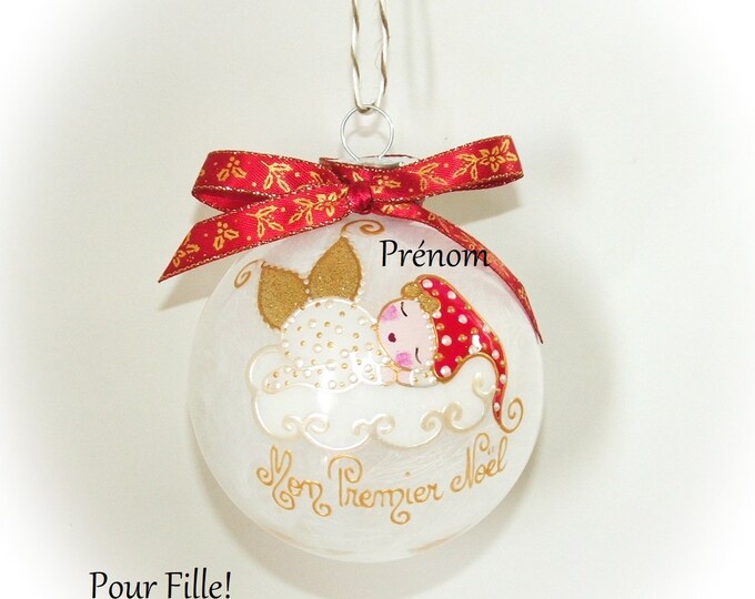 Boule de noël mon premier noël fille personnalisé fée ange lutine verre illustration peinte main artisanale