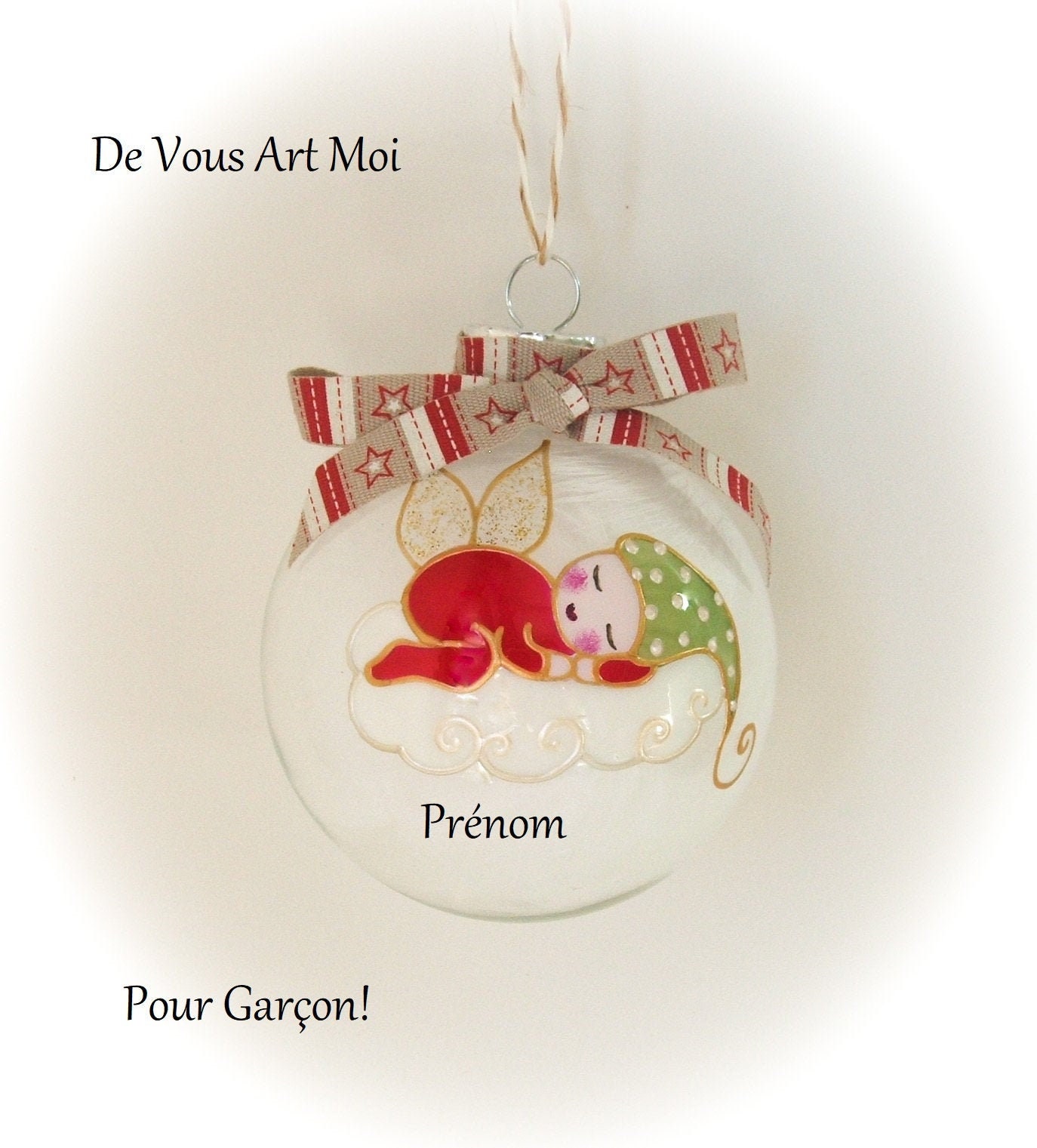 Boule Noël Prénom Bébé, Boule Noël Personnalisée, Boule Lutin Ange de Noël, Peint Main