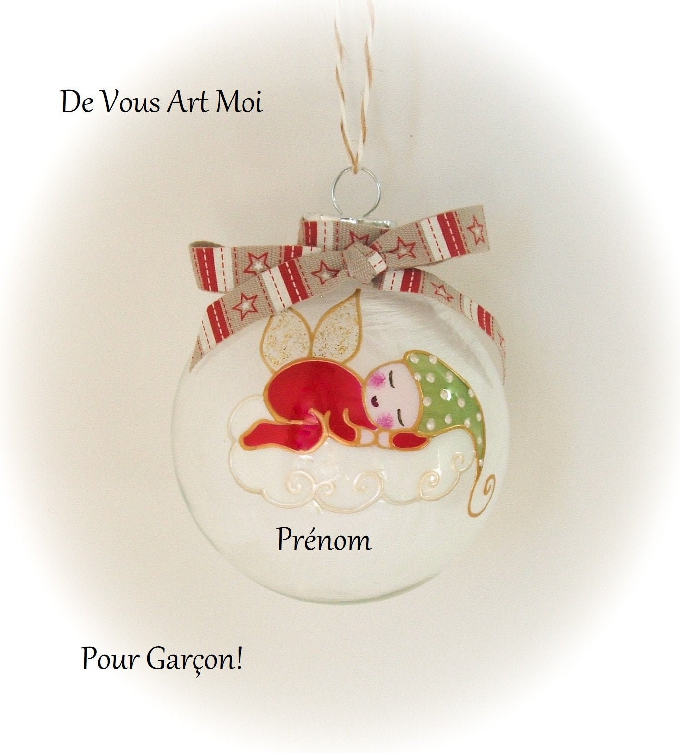 Boule Noël Prénom Bébé, Boule Noël Personnalisée, Boule Lutin Ange de Noël, Peint Main