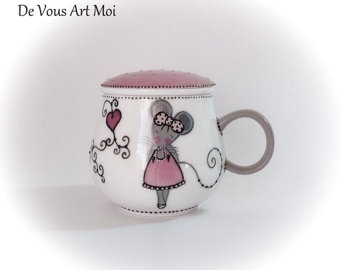 Mug tasse théière tisanière originale mug porcelaine filtre couvercle  cadeau thème souris peint main artisanal