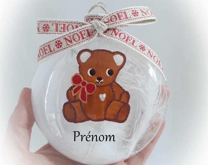 Boule de noël naissance Mon Premier Noël prénom personnalisé nounours ourson enfant verre fait main artisanale
