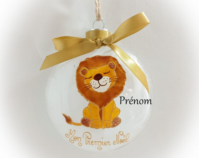 Boule de noël mon premier noël lion verre peint main personnalisée dessin illustration artisanale