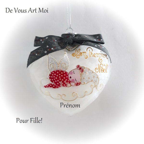 Boule de Noël mon premier noël prénom personnalisée boule noël fille fée lutine ange artisanale verre peint main