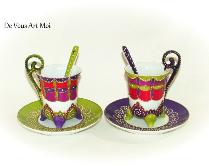 Tasse céramique porcelaine peinte,duo tasses originales colorées,artisanale fait main