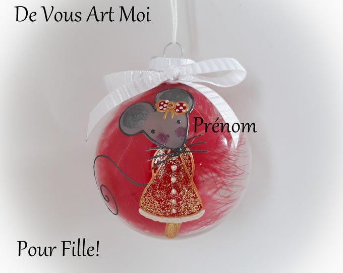 Boule de noël naissance personnalisée prénom fille illustration souris peinte main artisanale