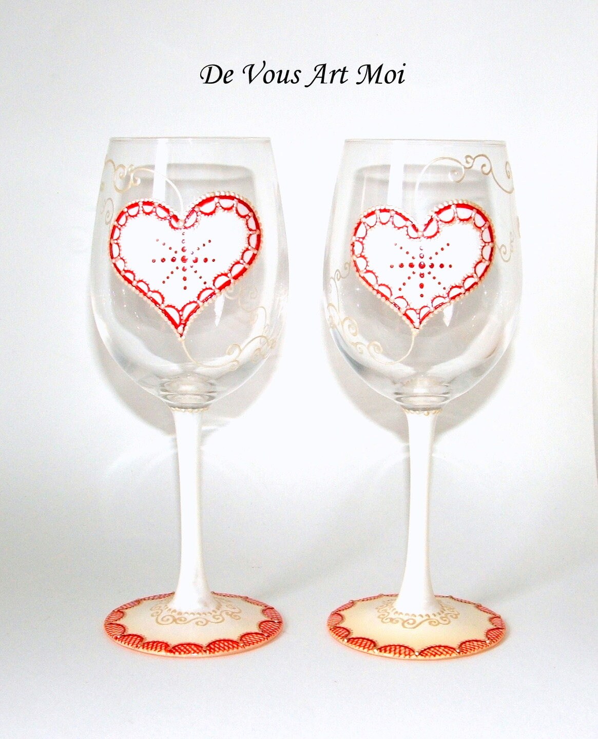 Verre à Vin Cœur, Verre de Noël, Duo Grands Verres Vin, Peint La Main, Blanc Rouge, Verre Artisanal 