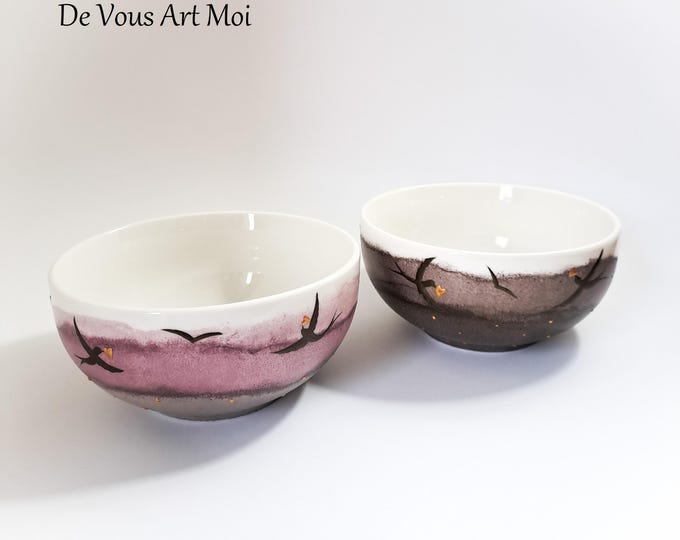 Bol Porcelaine céramique oiseau nature peint main artisanal