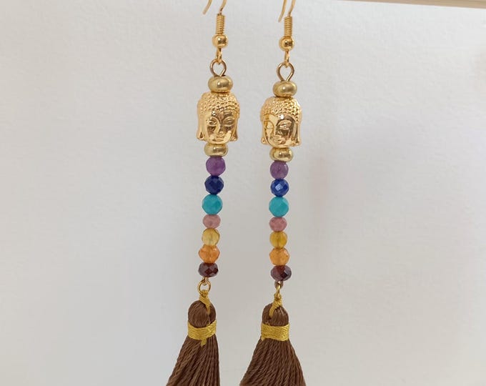 Handmade gold-plated 7 chakra stone dangling earrings