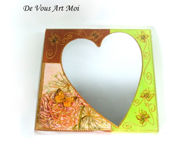 Miroir Coeur sur Toile,petit tableau coeur et papillon,fait main,décoration murale miroir