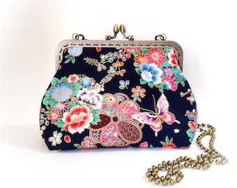 Sac Minaudière fermoir porte monnaie original tissus japonais papillon velours bandoulière chaine fait main artisanal