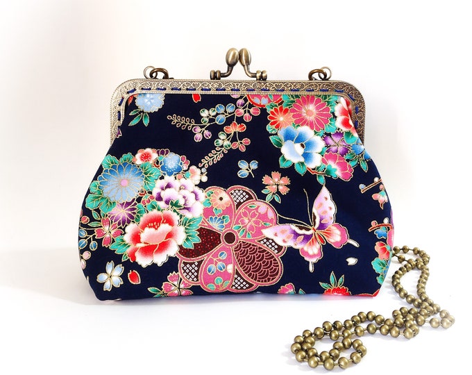 Sac Minaudière fermoir porte monnaie original tissus japonais papillon velours bandoulière chaine fait main artisanal