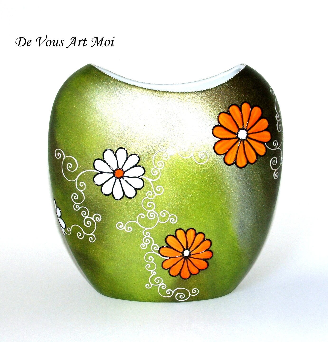Vase Porcelaine Coloré Peint Main, Motif Fleur, Vert Orange Blanc, Vase Artisanal Fait Main