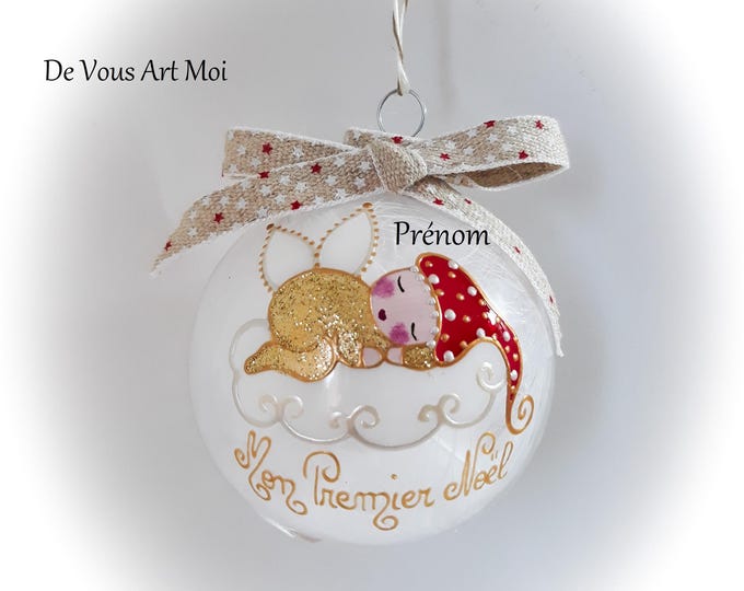 Boule de noël mon premier noël garçon prénom personnalisé bébé lutin ange de noël peint main artisanal