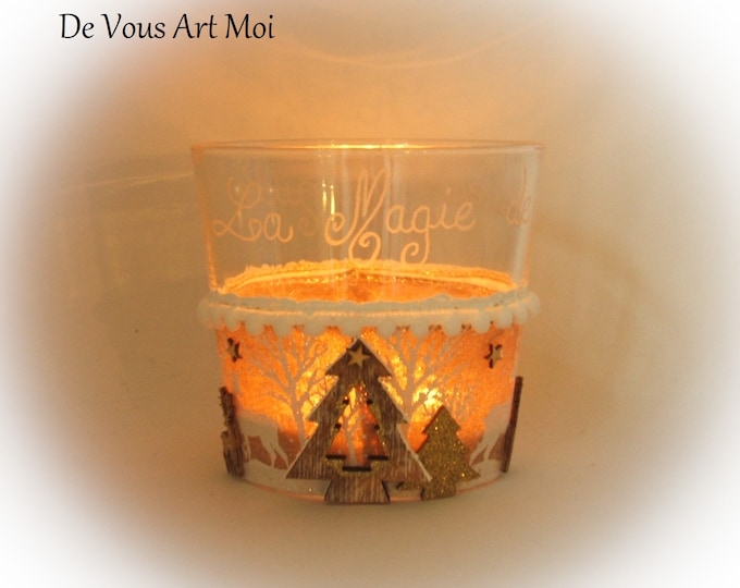 Photophore Noël gravé verre Noël décoration bougeoir bois fait main artisanal