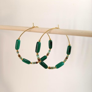 Créoles boucle d'oreille malachite naturelle 35mm plaqué or artisanales