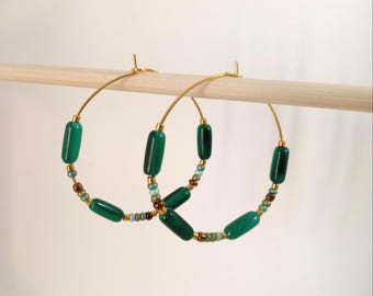 Handmade 35mm natural malachite hoop earrings with gold plating