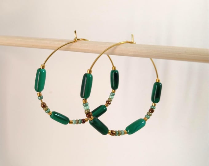 Handmade 35mm natural malachite hoop earrings with gold plating