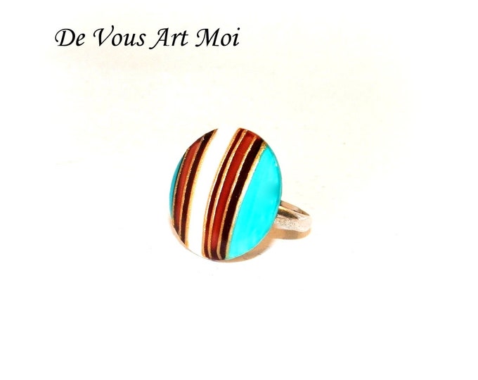 Bague bohème minimaliste turquoise,fait main,bague ronde peinte,anneau réglable plaqué argent