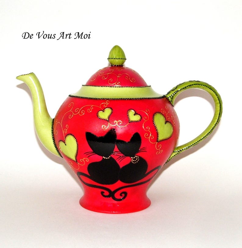 Porcelain teapot illustration cat handmade drawing cat Etsy